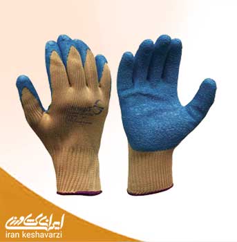 دستکش صنعتی دماوند دو رنگ با کفه آبی ضد خراش و برش مخصوص کار در باغات و باغچه